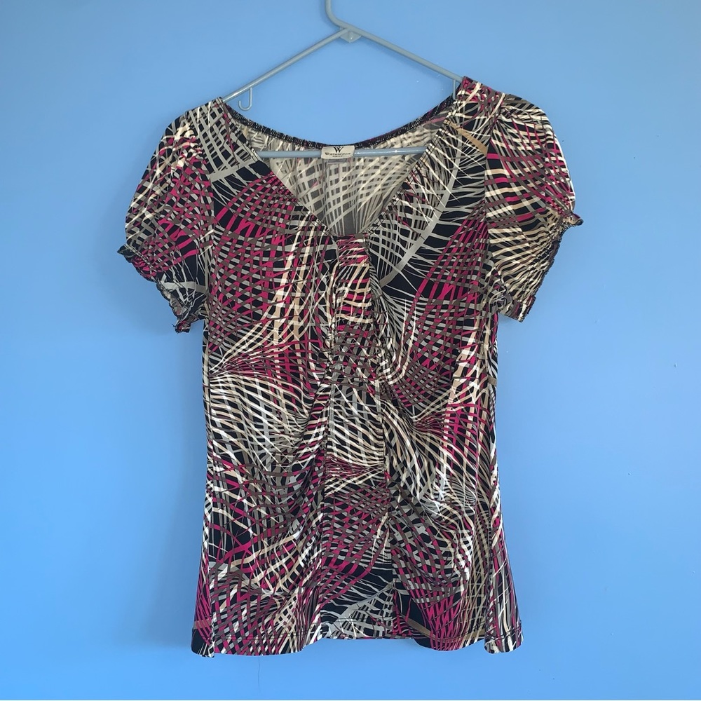 Worthington Comfortable Black, Pink, White Patterned Blouse with Ruching Detail